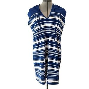 Wearabouts Blue White Striped Sleeveless Hooded V-Neck Dress Medium CA34371